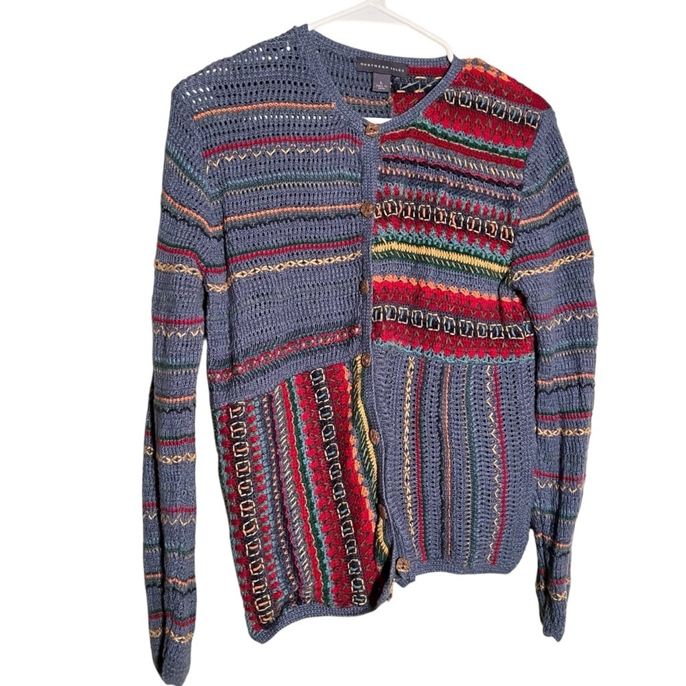 Northern Isles Womens Size Large Cardigan Sweater Colorful Striped Knit Blue Red